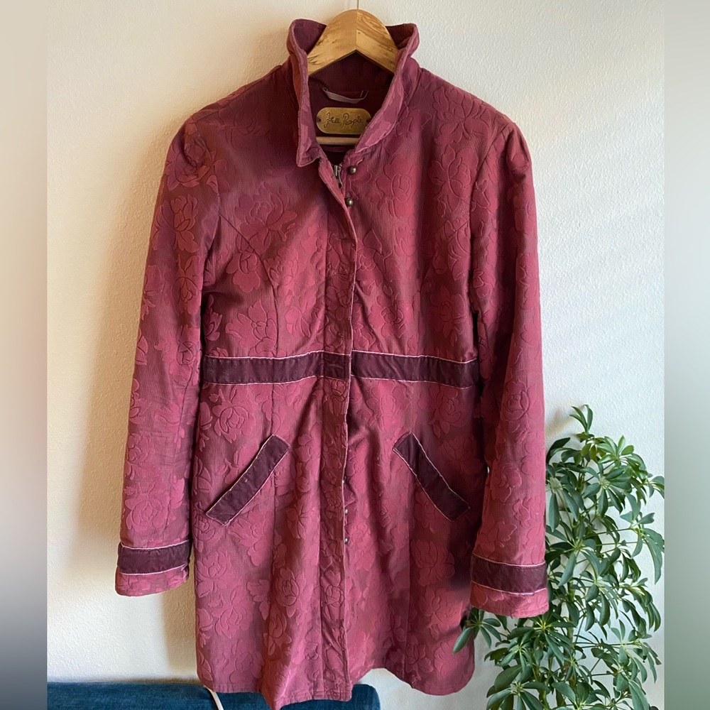 Free People Flocked Velvet Jacket Coat Size Large Burgundy Maroon Military